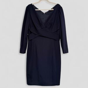 Elie Tahari Zoe Sheath Long Sleeve V-neck Form Fitting Dress Dark Blue Size 12